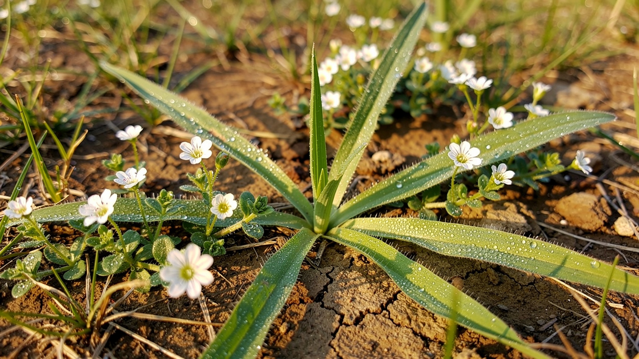 Crabgrass and chickweed weeds spreading through thin lawn patches