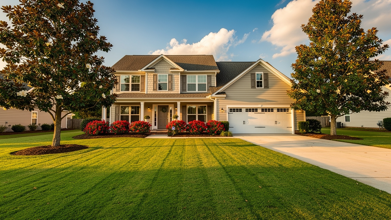 Beautiful weed-free green lawn surrounding a Georgia suburban home